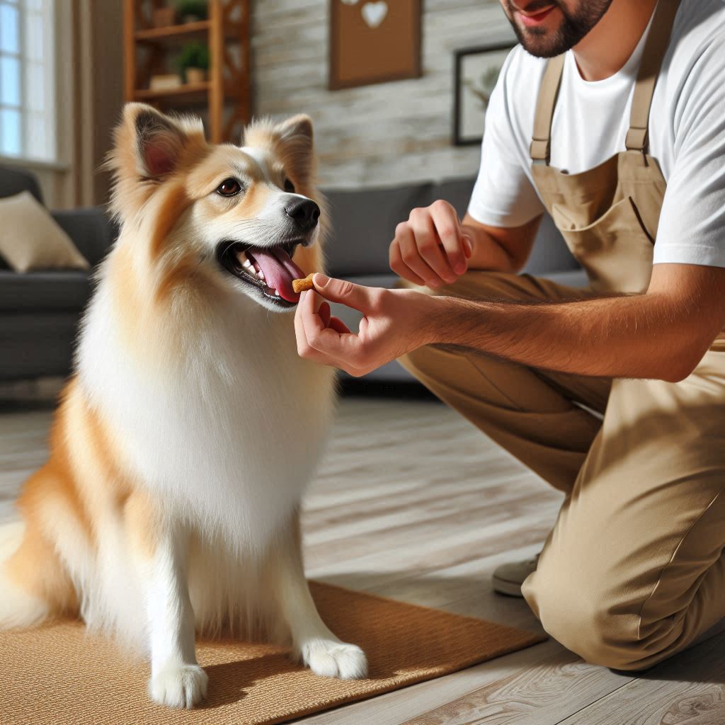Owner rewarding dog with treat during training session