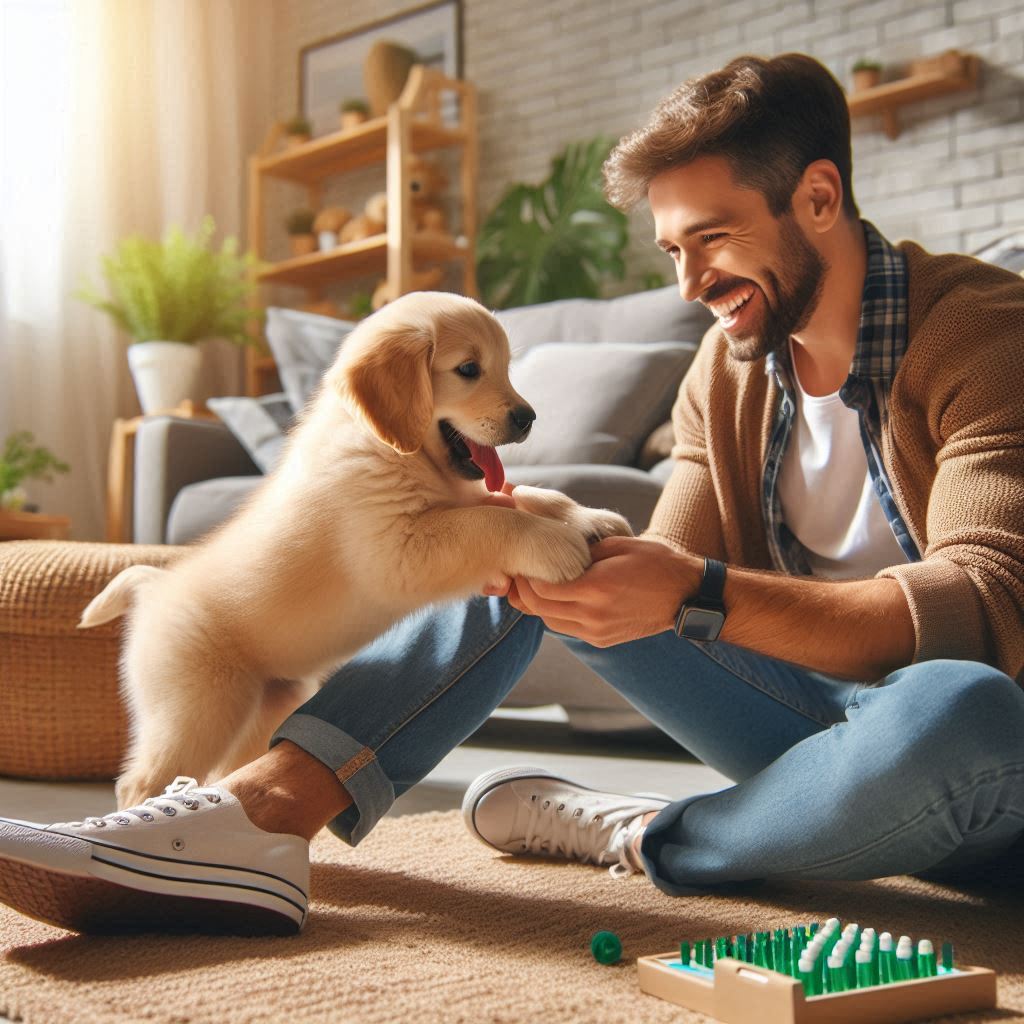 Happy owner playing with new golden retriever puppy in living room
